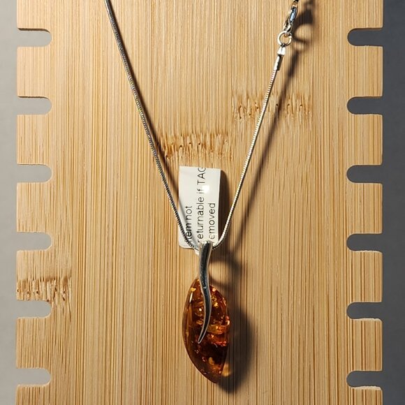 VTG HUGE! NWT Hammered LEAF Baltic Amber Pendant in Sterling Silver w/ 925 Chain - Picture 9 of 12